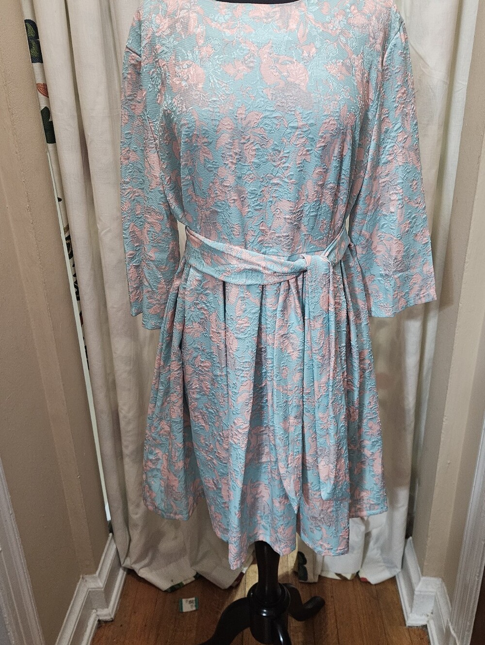 1950's Style Blue and Pink Floral Belted Handmade Dress